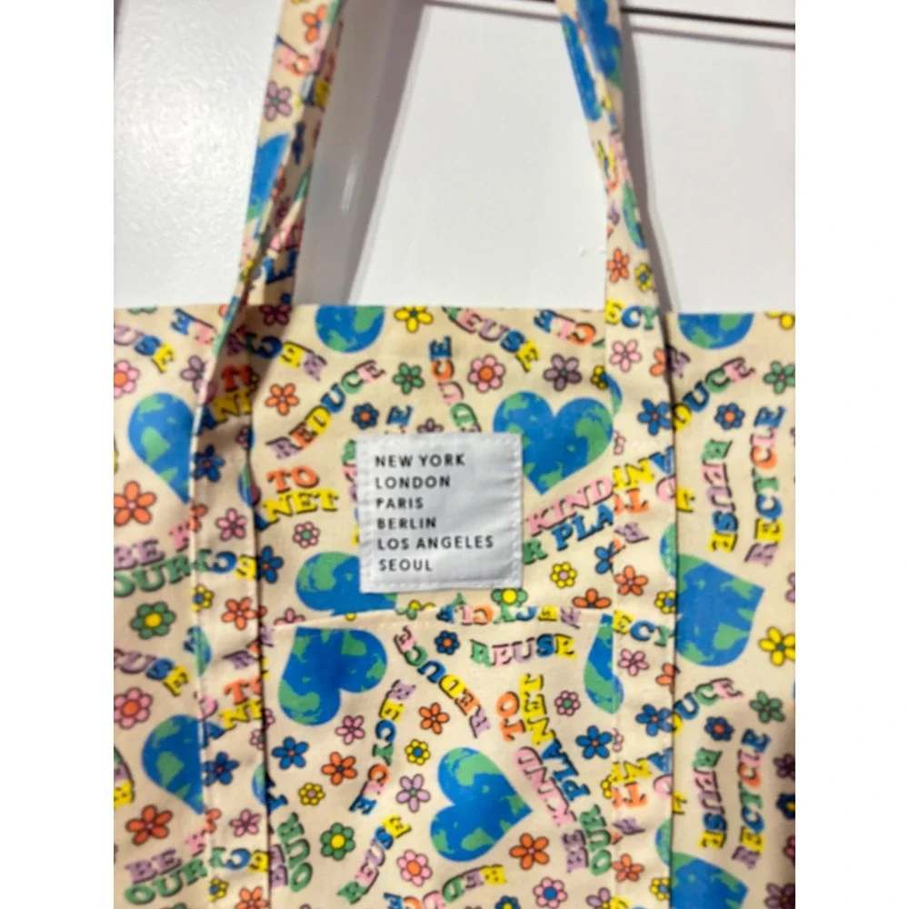 Be Kind to Our Planet Canvas Tote Bag Crossbody Cream Multicolor Eco Friendly